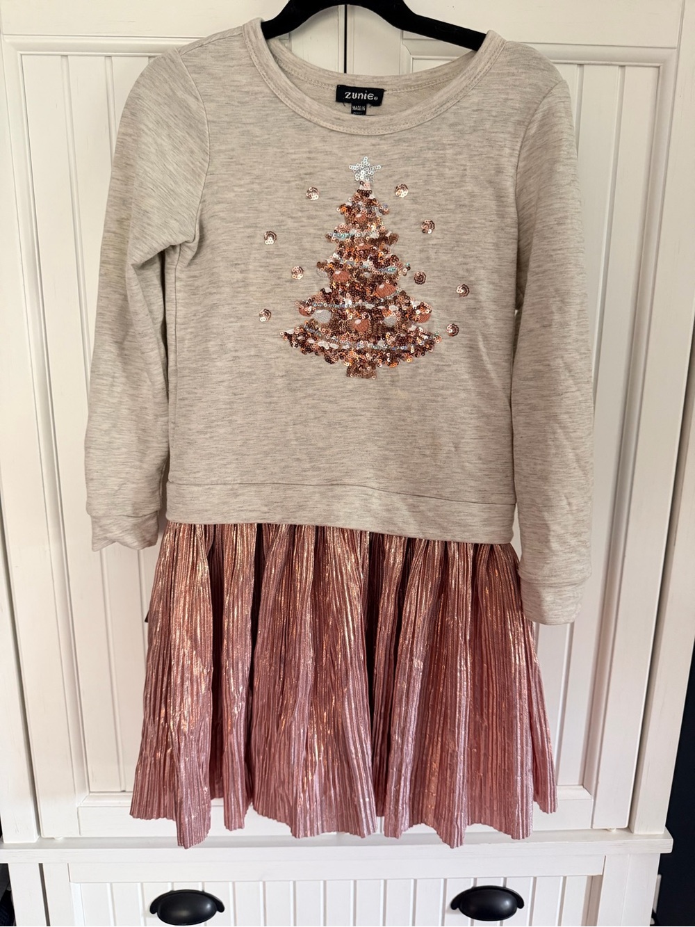 Zunie Beige Sweatshirt Dress with Metallic Pink Pleated Skirt